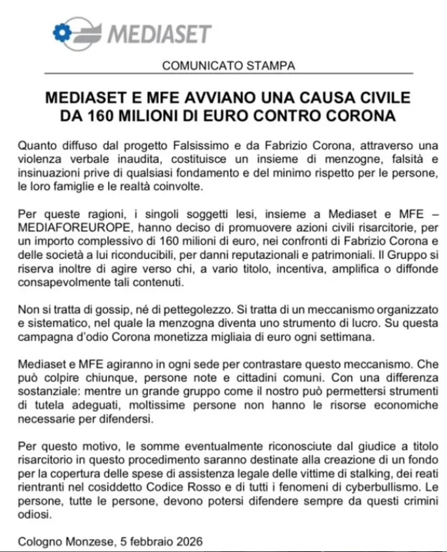 Comunicato stampa Mediaset Corona